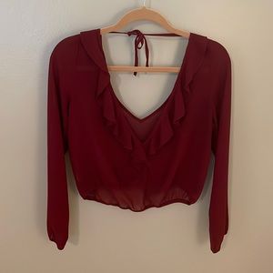 Tobi sheer burgundy ruffle neckline cropped blouse size S long sleeve